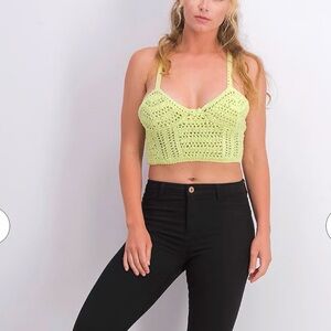 NWT Bershka Crochet Lime Green Open Knit Crop Tank Top XS Boho Spring Festival